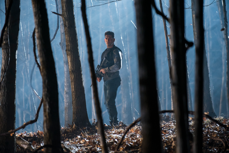 Frank Castle in the woods preparing to go in for the kill.